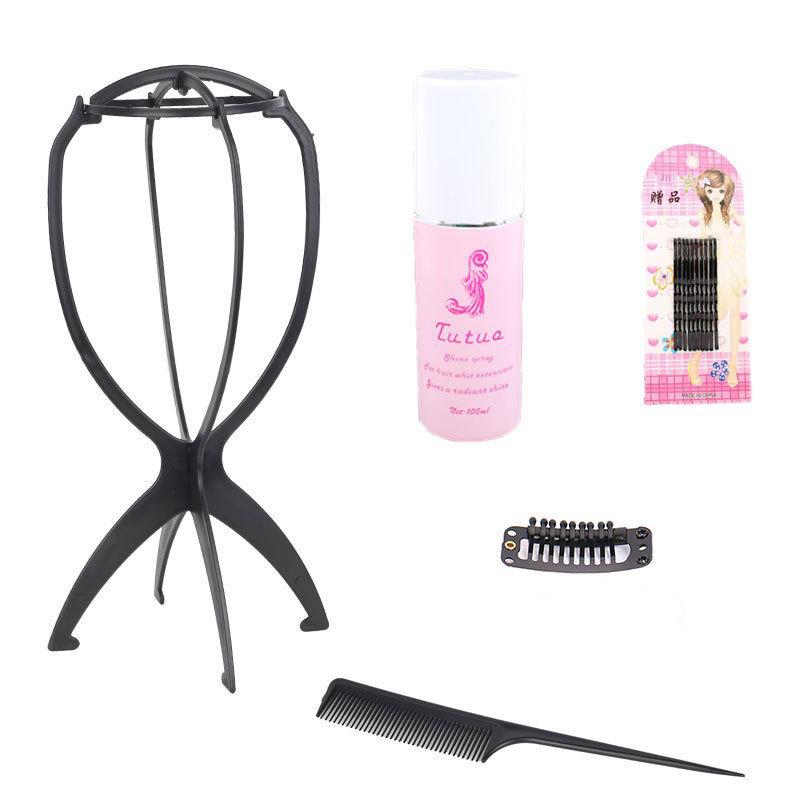 Wig Care Kit: Hairnet, Anti-Frizz Solution, Wig Stand, Tail Comb, Curling Rollers, Bobby Pins, Film