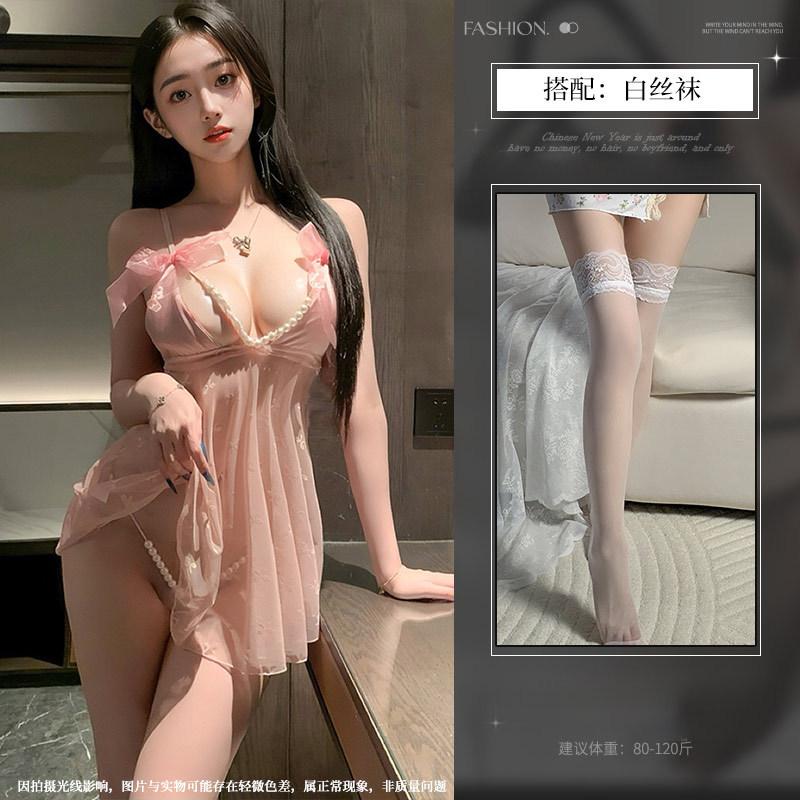 Sex Underwear Pure Desire Pearl Perspective Suspender Nightdress Sexy Lace Print No-take Pajamas Seduce Women