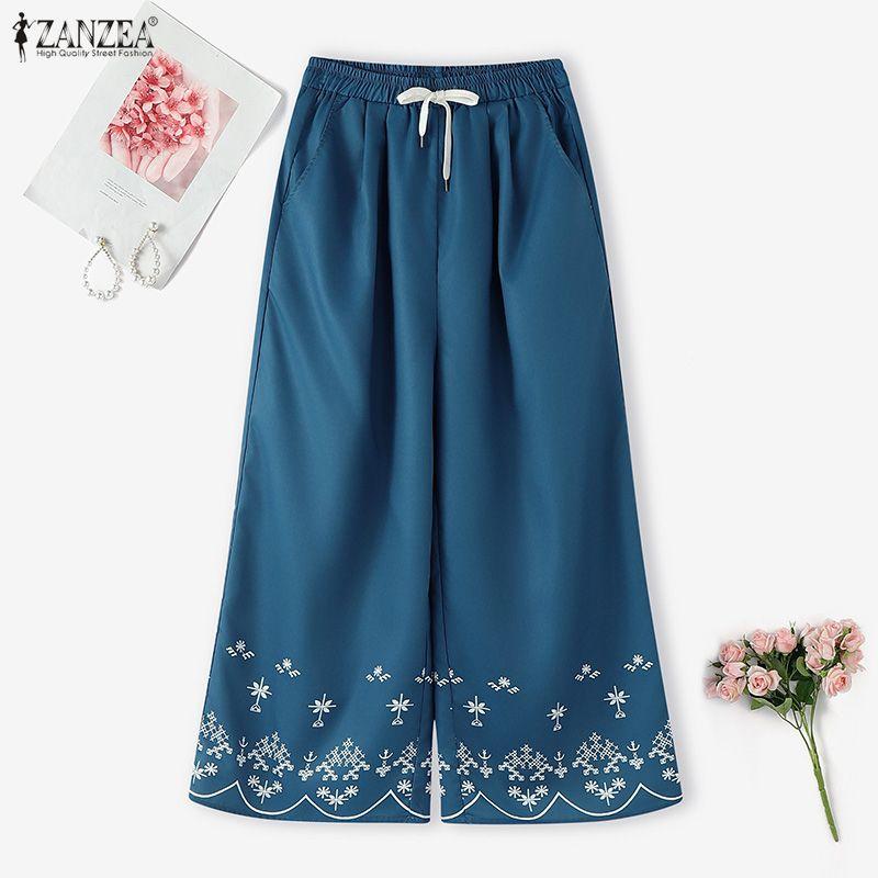 ZANZEA Women Casual Elastic Waist Loose Print Cropped Pants