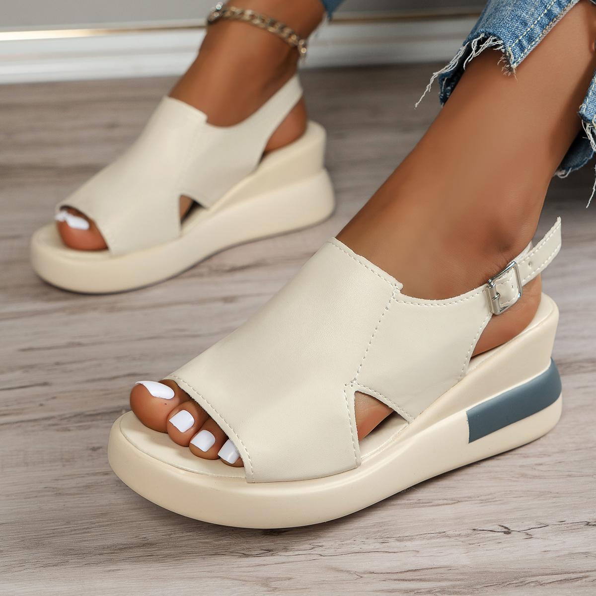 

Босоножки на танкетке, новые летние женские туфли на высоком каблуке с рыбьим ротом, женская обувь большого размера на толстой подошве 37 бежевый