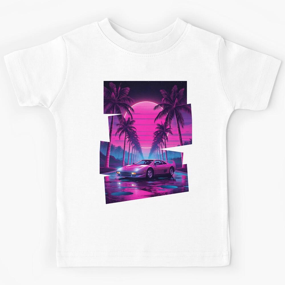 Ferrar F40 80s retro-futuristic landscape with palm trees and a sports car neon colors 9 Kids T-Shirt 130