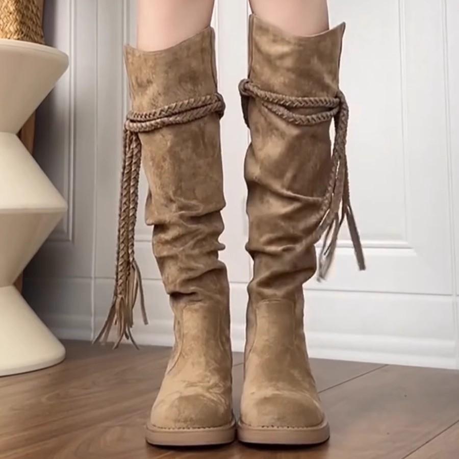 2025 Neue Sommer Grober Absatz Ödland Wind Fransen Ritterstiefel Retro Aber Kniehohe Stiefel Skinny Stapel Mittelstiefel Damen