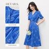 Klein Blue Embroidered French V-Neck Midi Dress