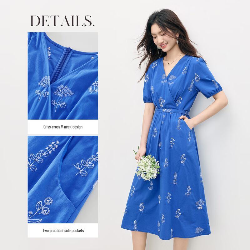 Klein Blue Embroidered French V-Neck Midi Dress
