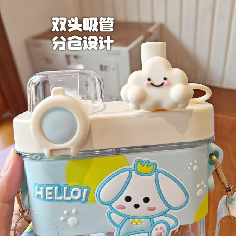 Dual Compartment Kids Water Bottle With Straw Silicone Sleeve - Cartoon Design 580ml BPA-Free PC Plastic