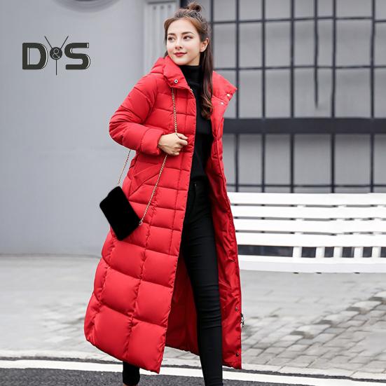 Winter Women Cotton Jacket Detachable Hood Neck Protection Long Sleeves Pockets Knee Length Zipper Closure Padded Coat Solid Color Windproof Outwear
