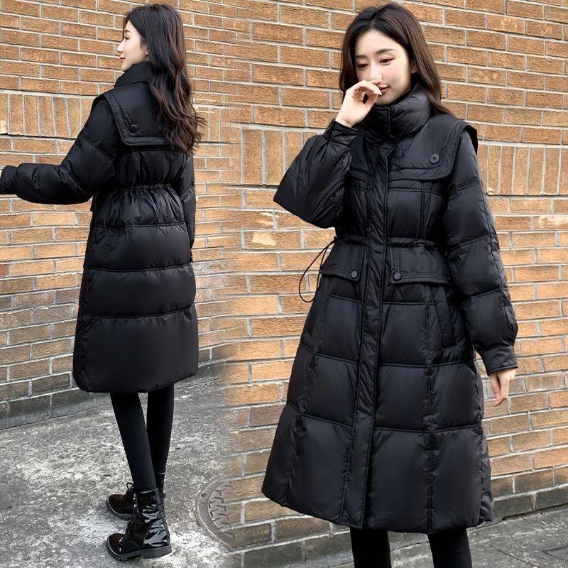 Slim-Fit and Waist-Hugging Women's Down Coat for Winter, Mid-Length Style with Thicken Navy Collar, Warm and Cozy