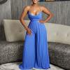 Damen Mode Sexy Kette Halter Hohe Taille Rückenfrei Weiter Bein Falten Jumpsuit