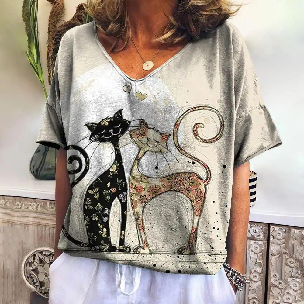 Women's T-shirt painted cat print clothing V-neck short-sleeved street wear daily casual top T-shirt