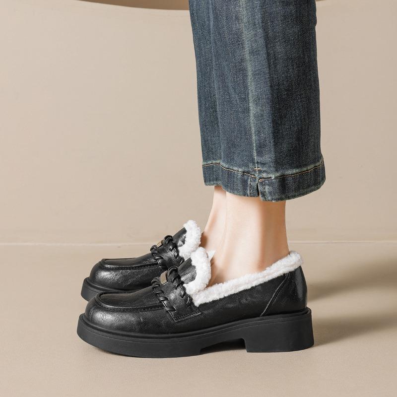 Soft Black Winter Fur Shoes Women Loafers Warm Plush Non-slip Fashion Brand Ladies Shoes Square Heels 4cm Plus Size 42