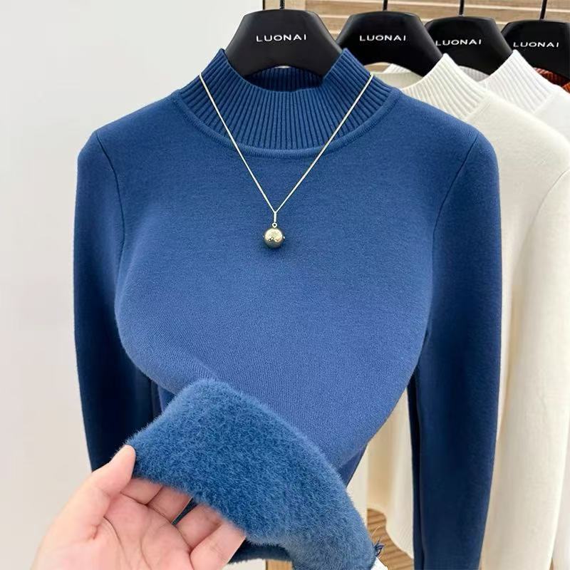 Jednodílný fleecový svetr pro ženy Pulovr s polovyvýstřihem Pletený top pro ženy s přidaným fleecem a zateplením Podzim a zima