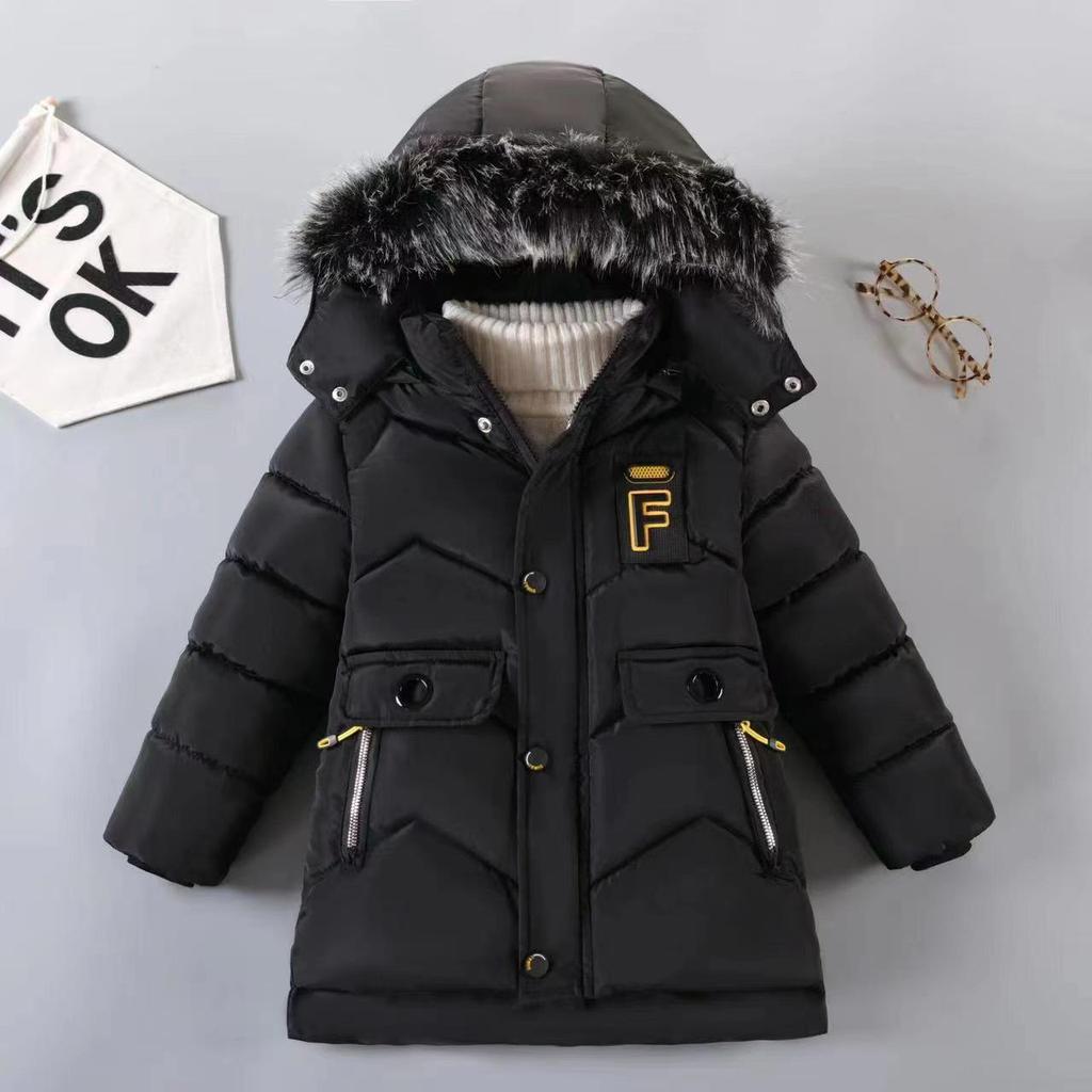 Boys' Winter 2024 Mid-Length Cotton Coat: Korean Style, Thickened, Fleece-Lined, Big Fur Collar, for Small and Medium Children.