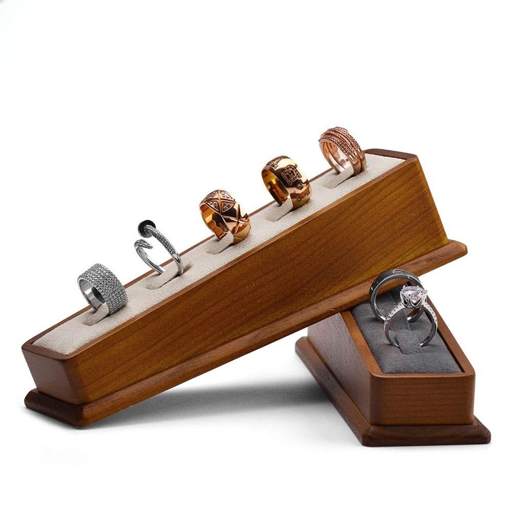 Jewelry Display Props Solid Wood 5-Slot Inclined Ring Stand Vintage Ring Display Holder