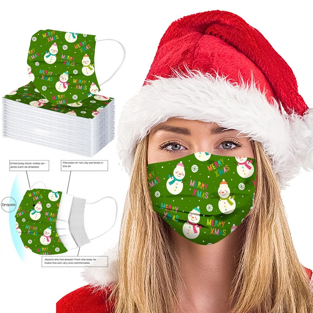 10pc Disposable Christmas Snowman Elk Print Face Adult Facemask Breathable Anti-Dust Safety Mask
