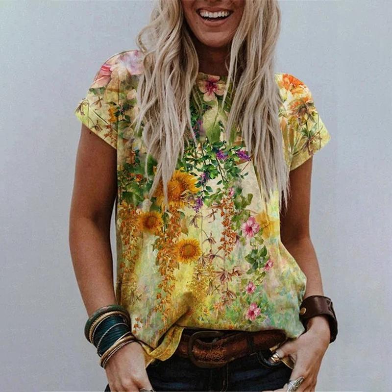 

Womens Floral Print Short Sleeve Tops Ladies Casual Loose Flower Tshirt Blouse Flower Leaf,M