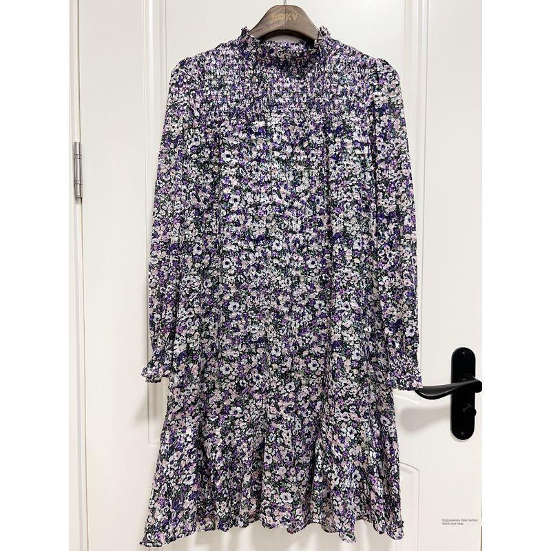 

French Niche Style S Simple Yuan Retro Minority Niche Style Purple Floral Slim Looking Dress Purple T3