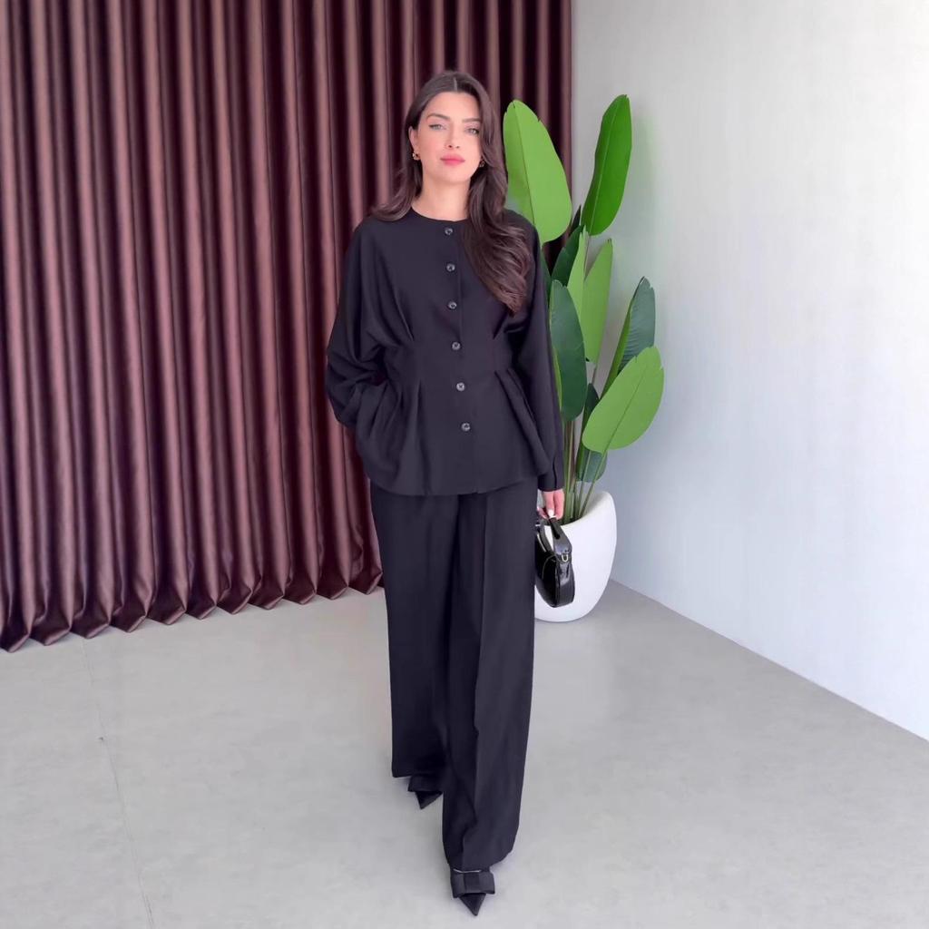 2025 Autumn Women's Round Neck Long Sleeve Waist-Tied Single-Breasted Wide Leg Pants Set