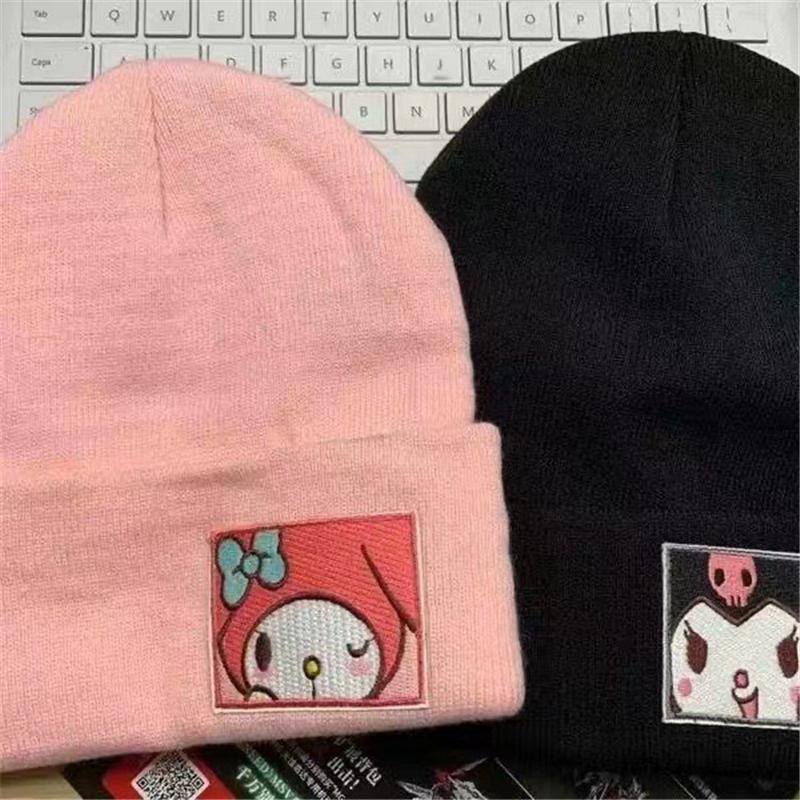 Cartoon Sanrio Embroidered Knitted Hat Kuromi My Melody Cinnamoroll Woolen Cute Hat Pullover Warm Winter Girls Birthday Gifts