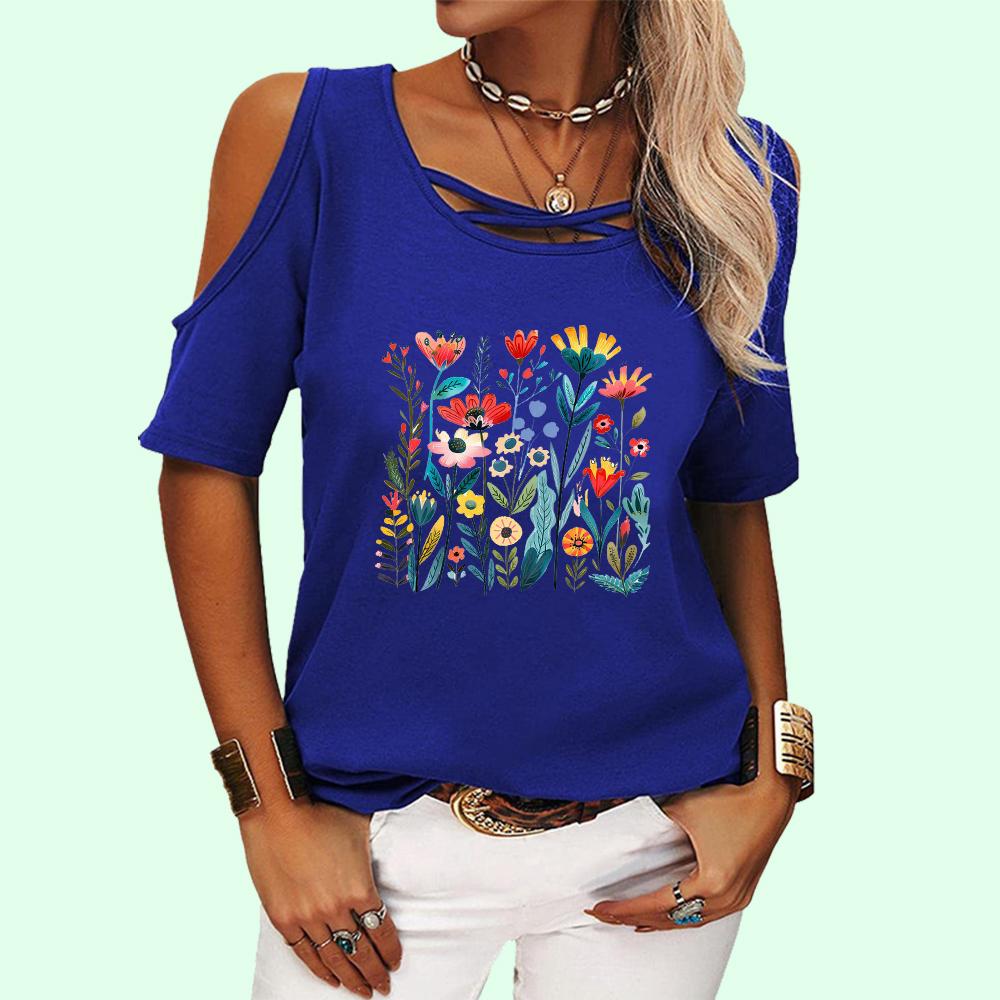 Women Fashion Round Collar Floral Print Tee Shirt Summer Pullover Off Shoulder Top Casual Short Sleeve T-shirt