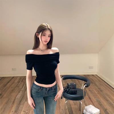 One-shoulder Short-sleeved T-shirt for Women In Summer New Sexy Hot Girl Slim Waist-hugging Short Off-shoulder Student Top
