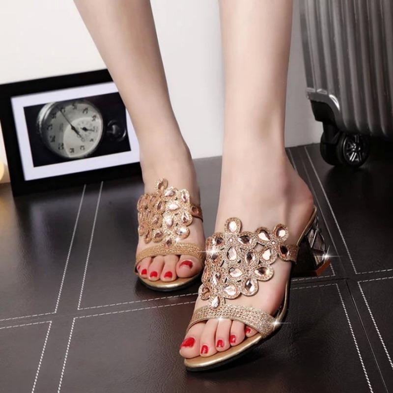 Thick Heel Women's Sandals 20 Summer New Fashion Fish Mouth Women's Cool Slippers Rhinestone Middle Heel Women's Shoes