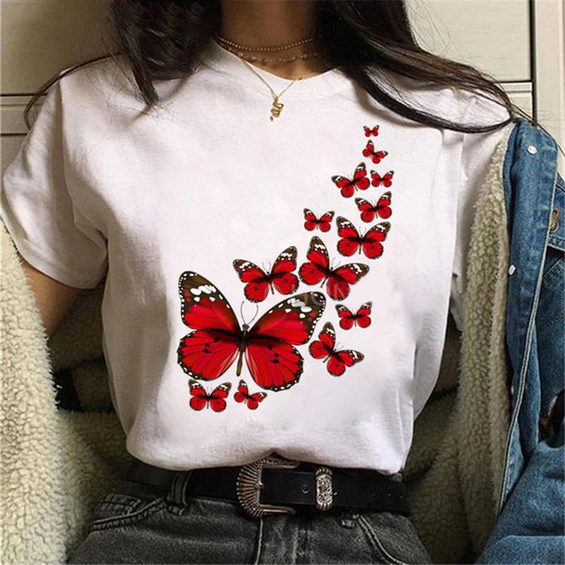 Short Sleeve Summer Fashion Women's Clothing Beautiful Watercolor Butterfly Printing White Ladies Casual Loose Personality TT-shirt