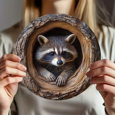 Raccoon In Tree Hole Aluminum Sign - Multifunctional Wall Decor, Waterproof Durable Metal Plaque for Home, Room Decor