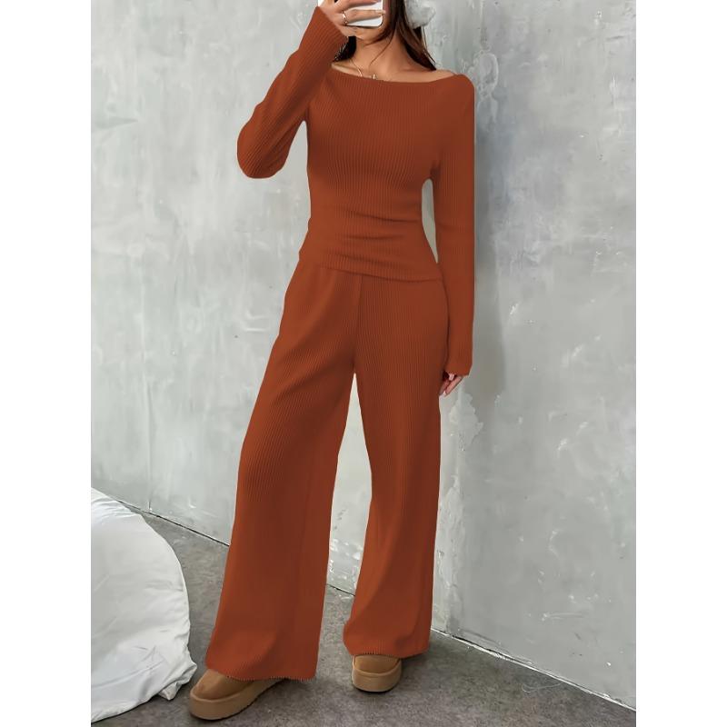 Women S French Style Slim Fit Long Sleeve Top And Wide Leg Pants Set