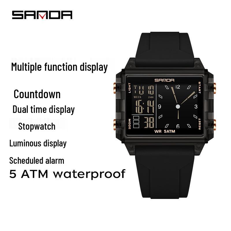 SANDA Men's Luminous Waterproof Sports Watch - Square Design with Multifunctional Countdown Timer
