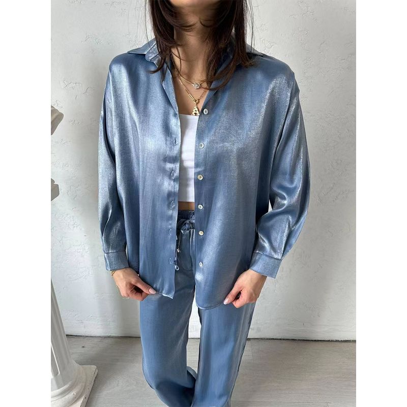 Fashion Style New Fashion Casual Shiny Silk Shirt High Waist Pants Suit Shirt and Pants Set