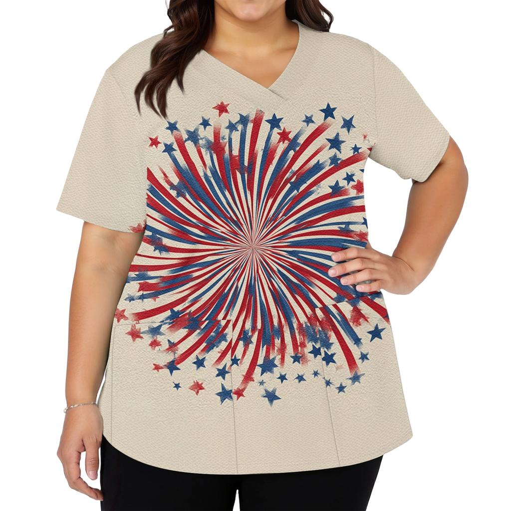 Women's Fashionable Casual Independence Day American Flag And Stars Print V-neck Short-Sleeved Work Shirt With Double Side Slits And Pockets