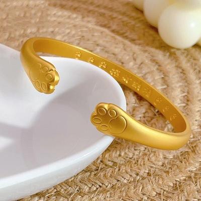 Vintage Gold Cat Paw Bangle: Women's Lucky Open Bracelet, Chic & Luxurious