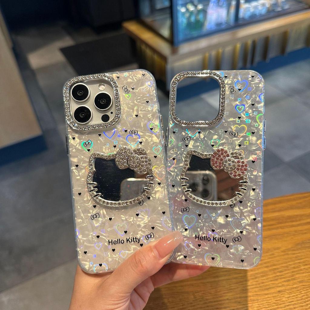 Luxury Shell Pattern Cat Mirror iPhone 17 Pro Max Case with Rhinestone Frame