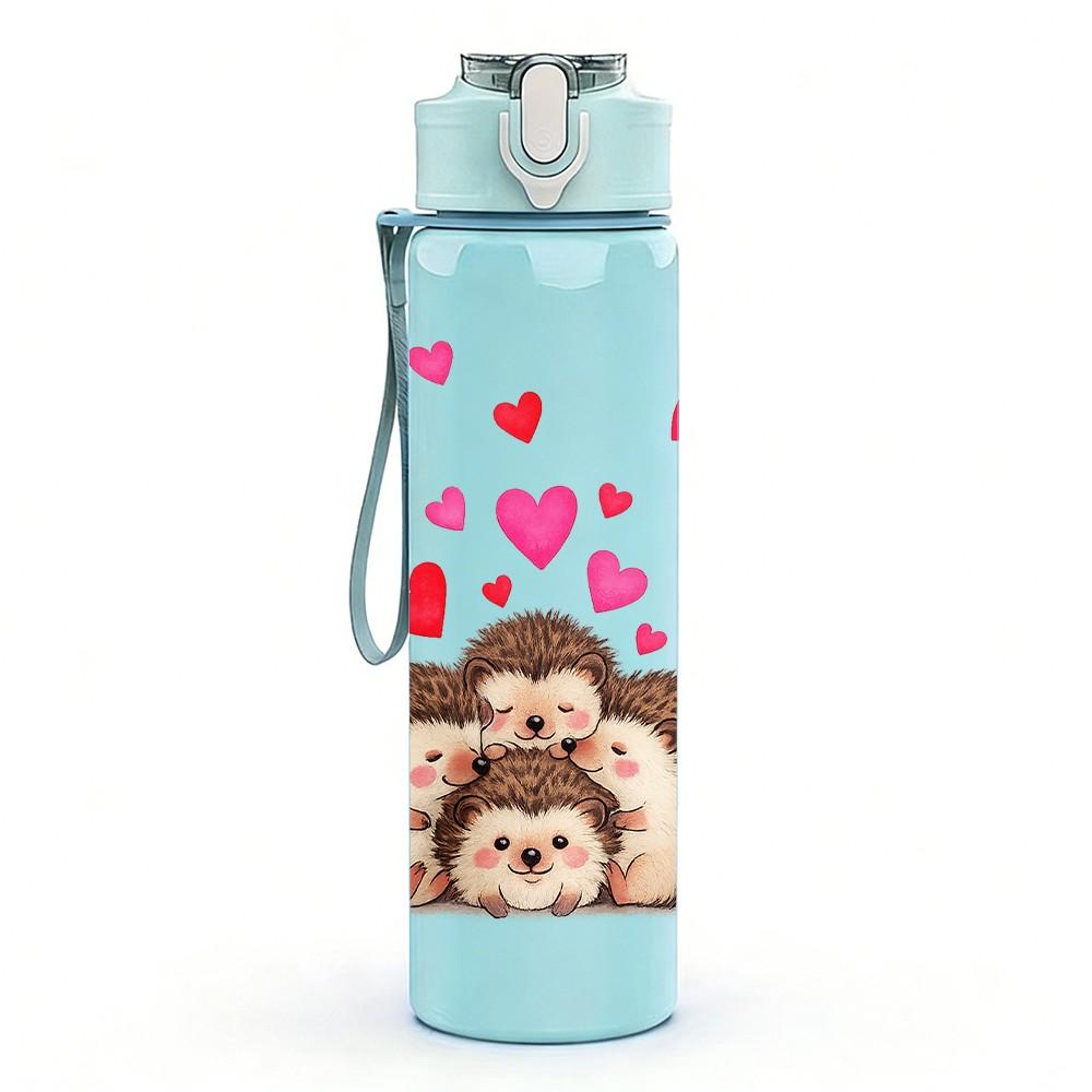 1PC Bear With Pink Hearts 750ml Color Plastic Sports Water Bottle Leakproof Flip Straw Lid Suitable for Sports Office Home Use