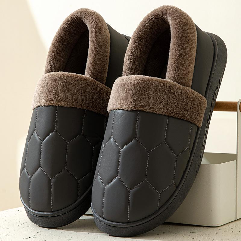 Fashion Men Big Size 50 Winter Slippers Home PU Leather Shoes for Men Indoor Waterproof Fur Cotton Male Bedroom Slipper Flat Houseshoes