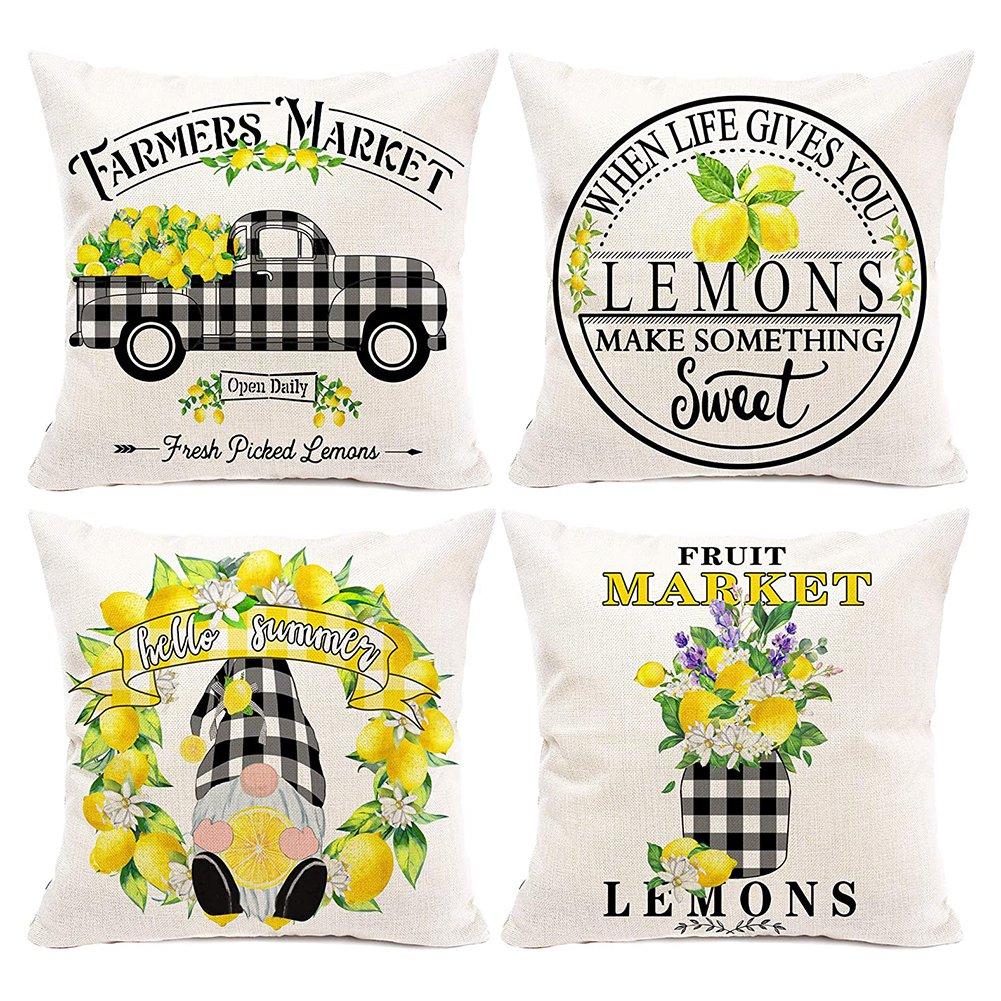 T02C!Lemon Farmhouse Summer Pillow Covers 18X18 Set Of 4,Farmhouse Pillows For Sofa, Outdoor Porch Lemon Home Decor