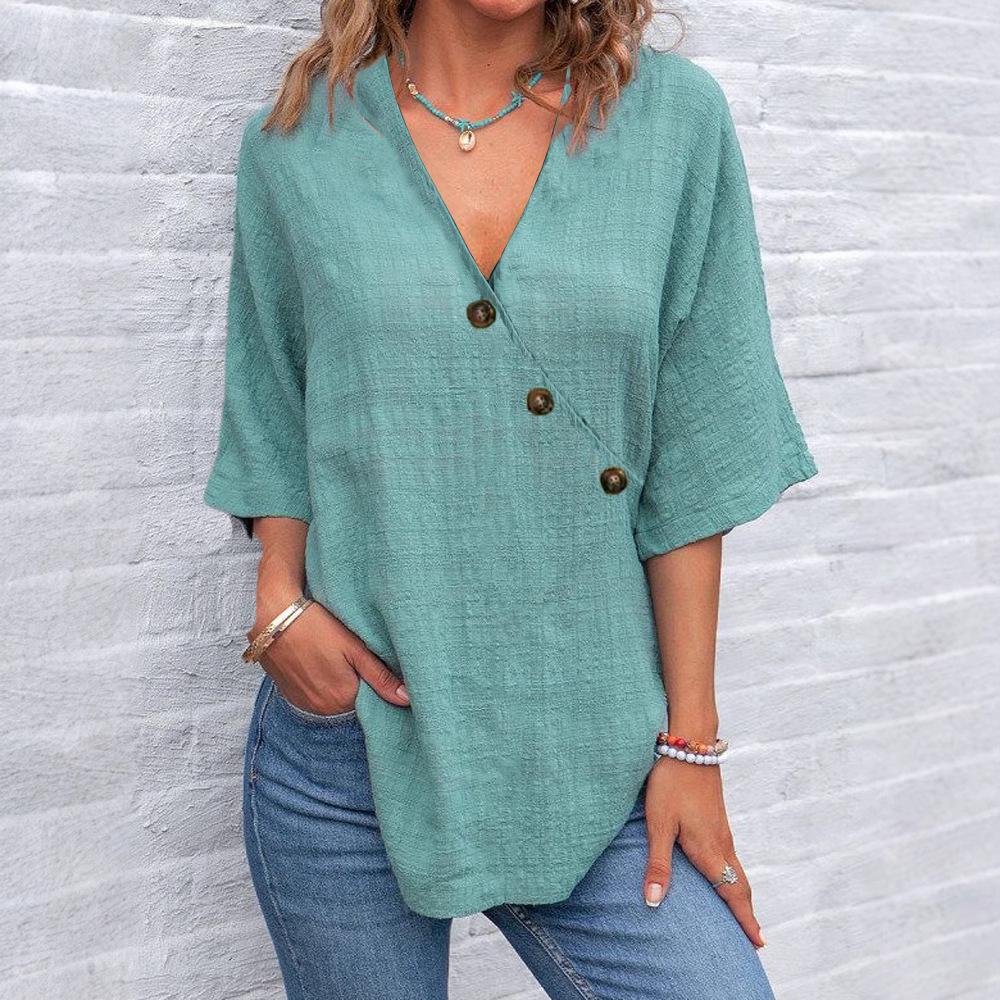 2025 Summer Women's Solid Color Cotton Linen Button-Up Top - European American Style