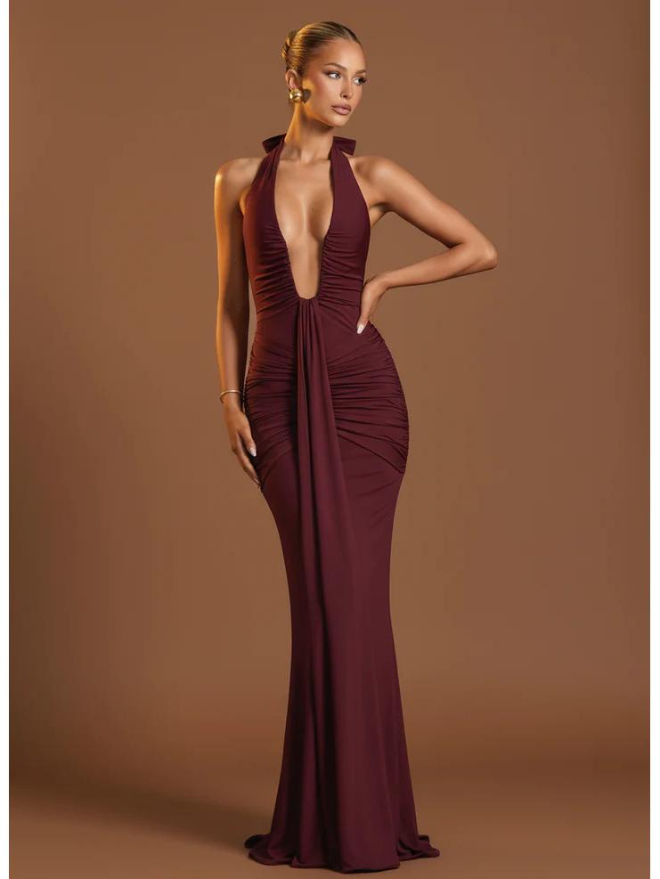 2026 Deep V-Neck Evening Gown Dress - Women's Sexy Solid Color Fashion
