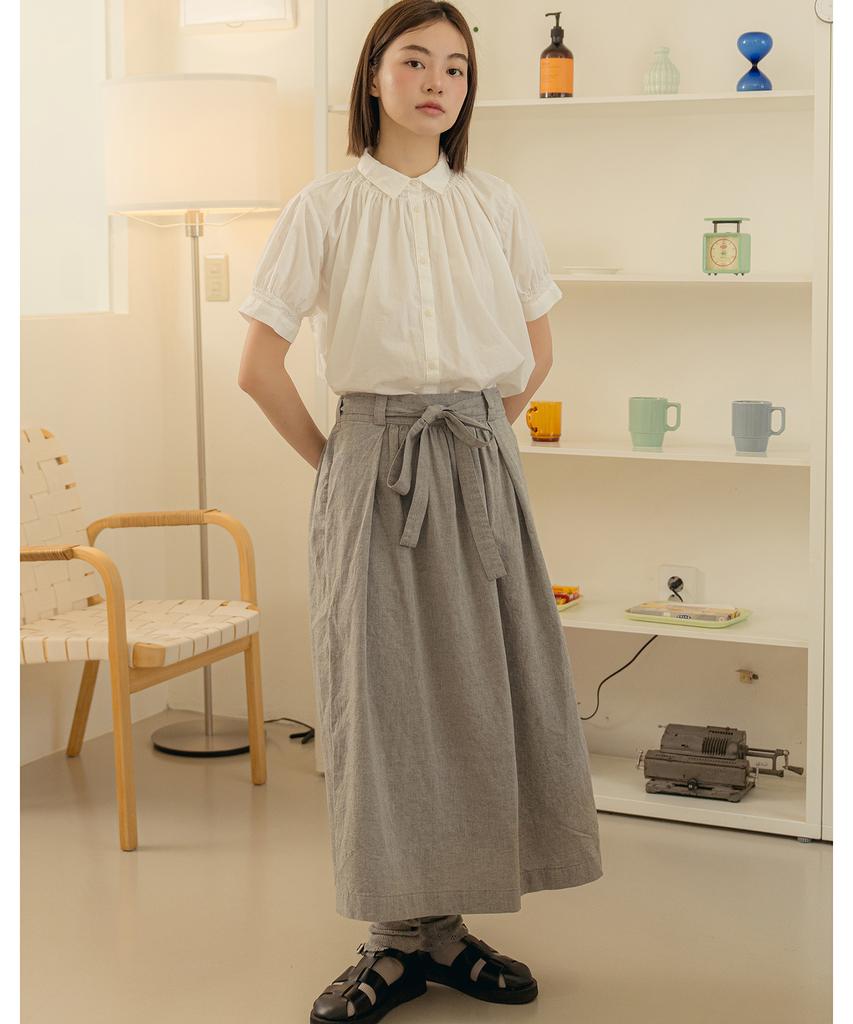 Cotton Bell Waist Belt Shirred Skirt - Melange Gray