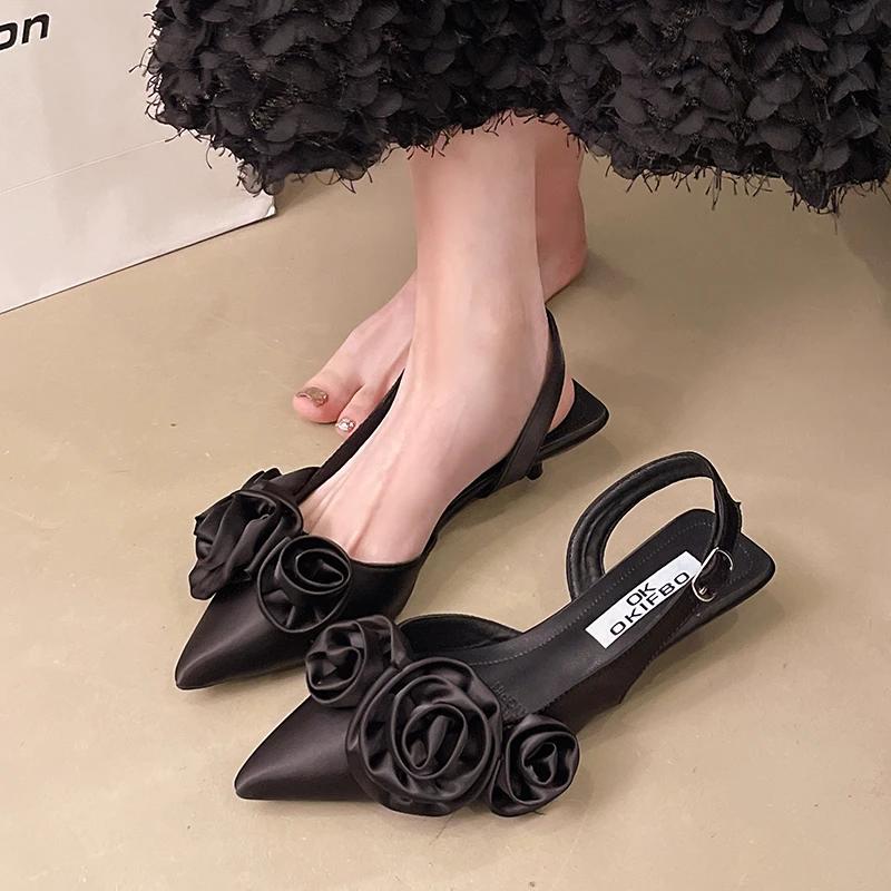Women Pumps Sexy Flower Pointed Toe Mules Shoes Fashion Thin Heeled Low Heeled Shoes Buckle Strap  Elegant Banquet Prom Sandals