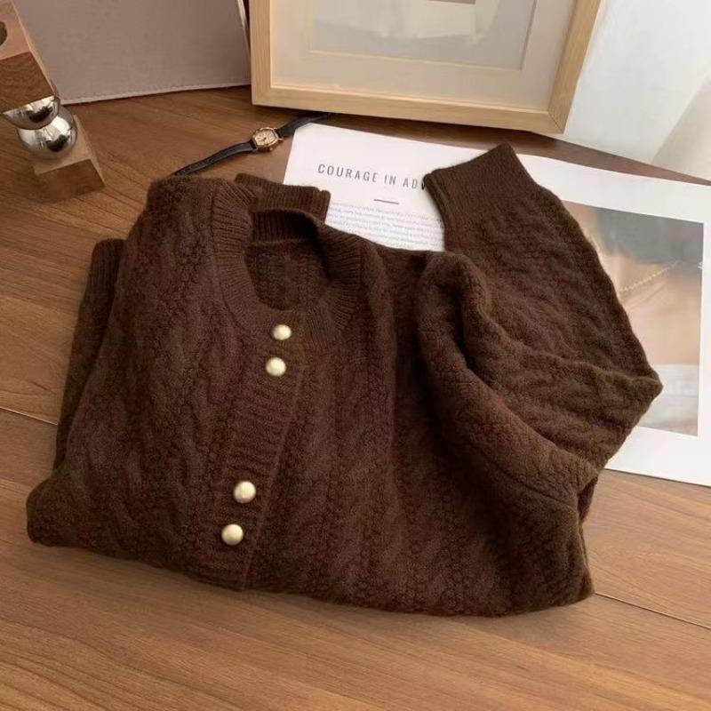 Autumn and Winter New Retro Twist Double Button Knitted Cardigan Women's Crew Neck Versatile Loose Sweater Jacket Tide