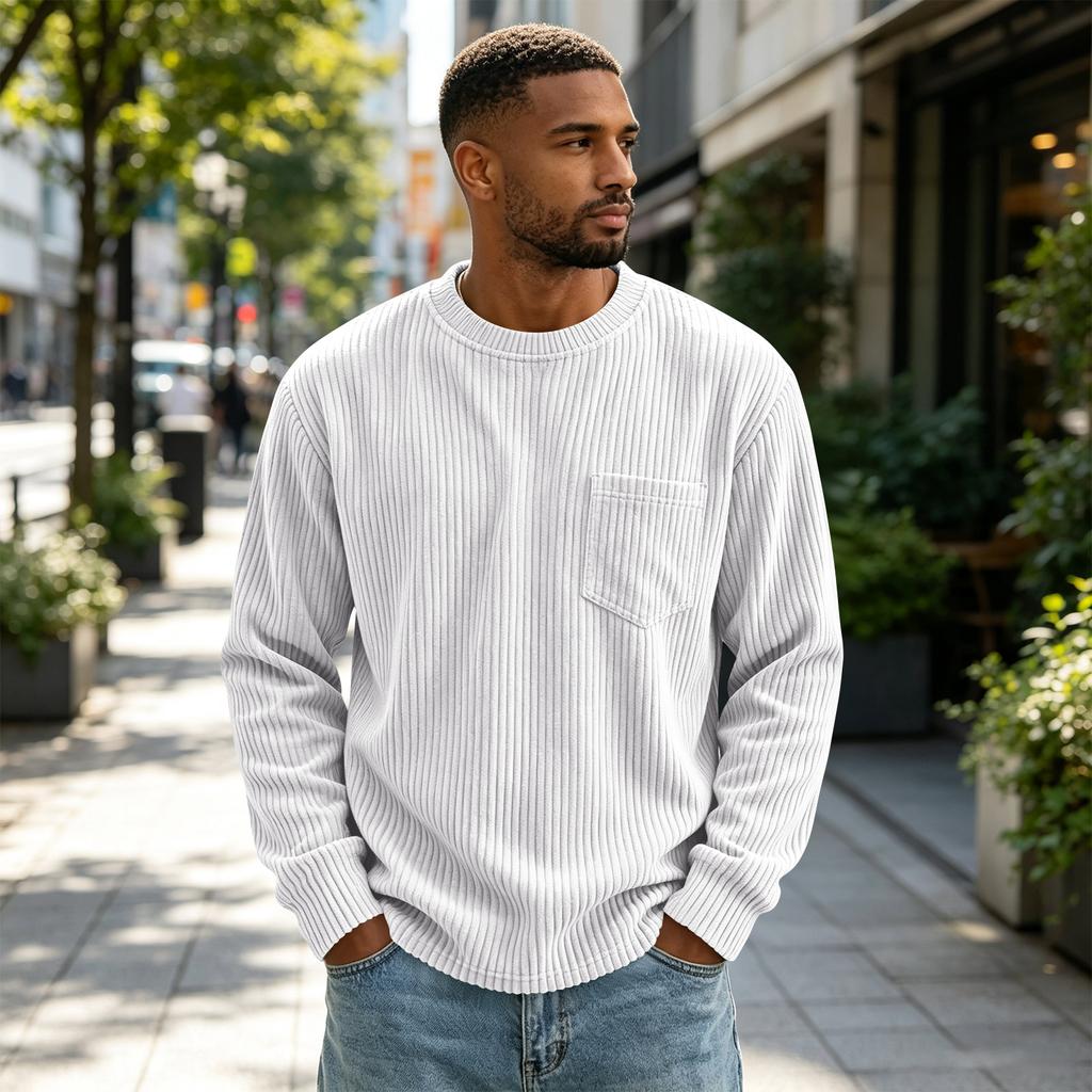 Men's Corduroy Long Sleeve Crewneck Top, Casual Athletic T-Shirt for Everyday Wear