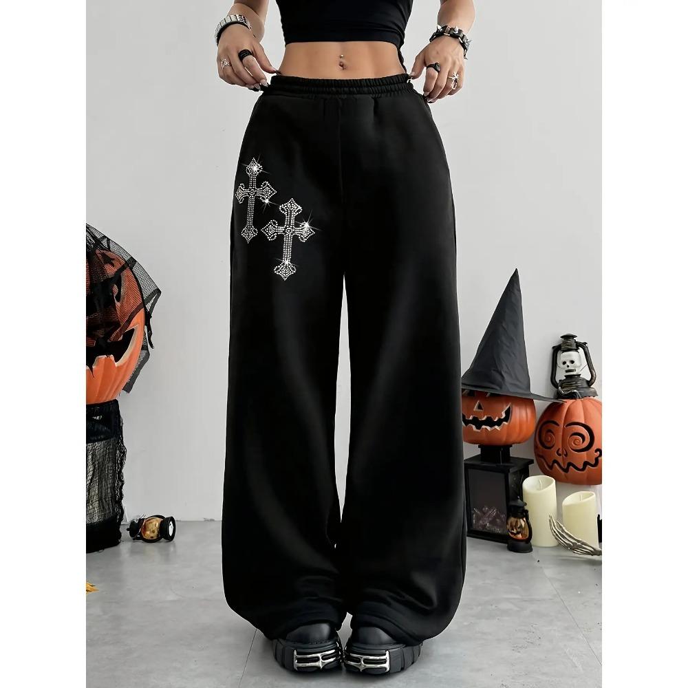Women's Y2K Decorative Running Pants - Wide Legs, High Waist Shining Design, Black Street Style Casual Theme Event