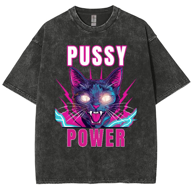 Pussy Power Cat Print dame T-skjorte vasket rund hals, kortermet Street Cool Top Unisex