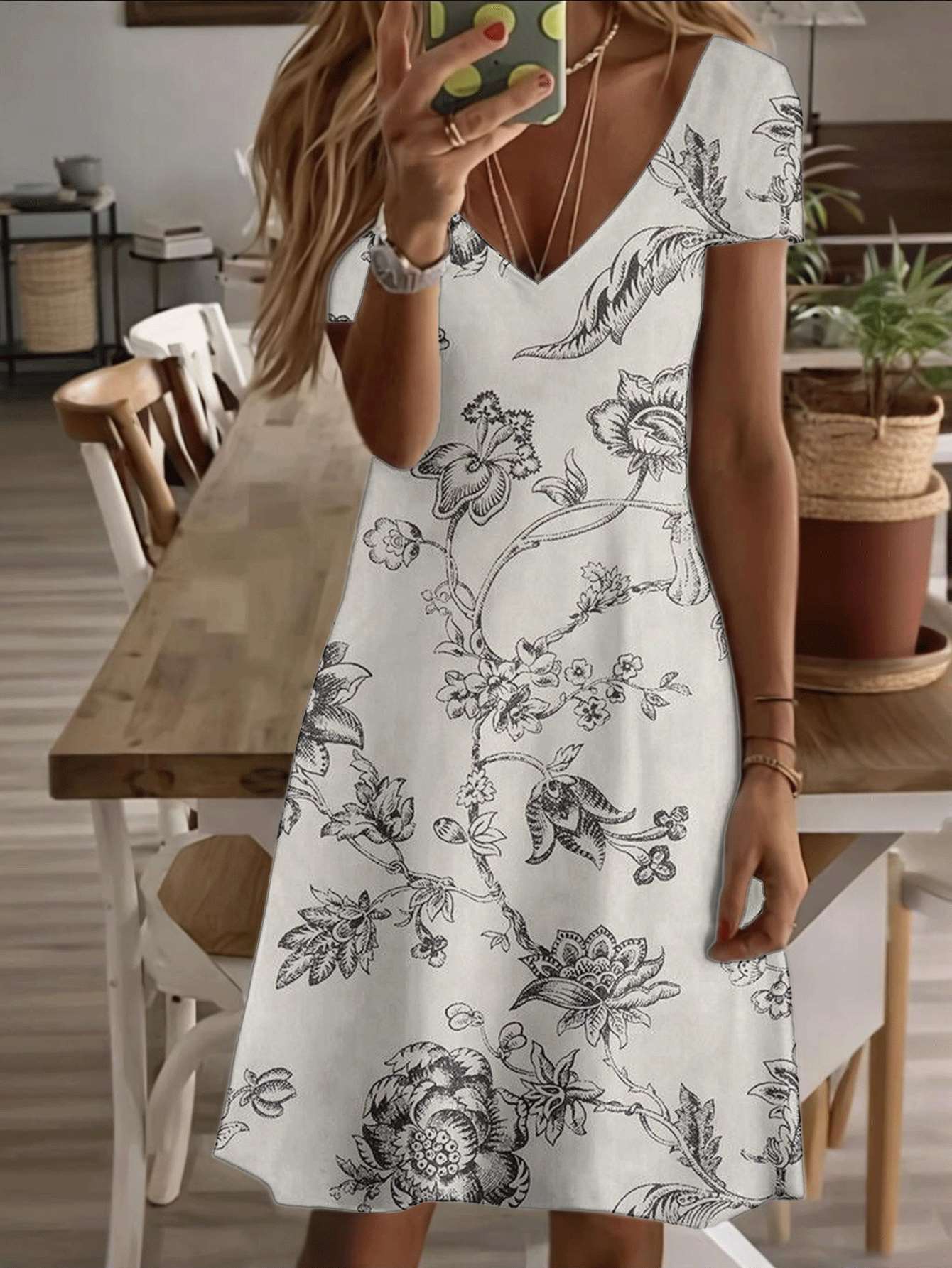 

Vneck shortsleeve midi dress floral elegance women’s dress vintage black white flower print pattern 3D premium print durable casual chic fashion s 7XL дубильная кора