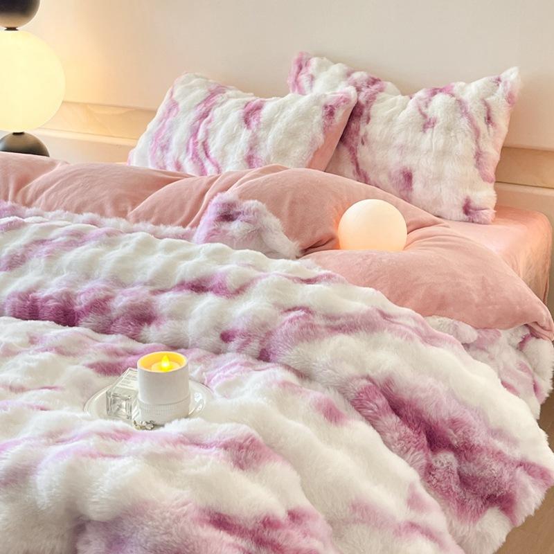 Rabbit Fleece Four-Piece Light Luxury Thickened Milk Fleece Bed Warm Double-Sided Fleece Quilt Cover Mattress Model
