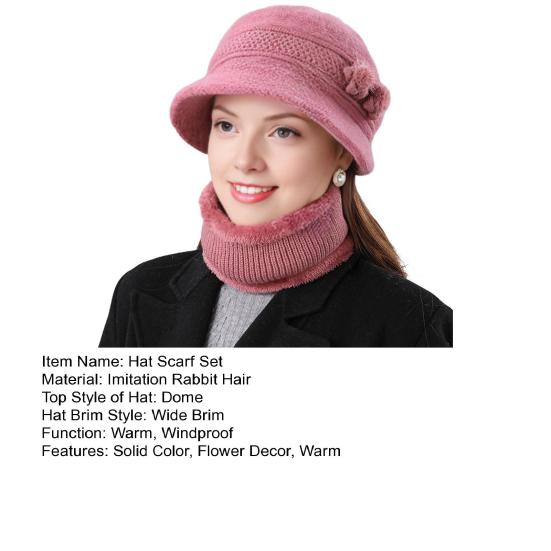 2Pcs/Set Women Winter Hat Scarf Set Elastic Soft Warm Solid Color Design Imitation Rabbit Fur Basin Hat Scarf Set