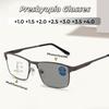Fashionable Men'S Square Metal Frame Multi Focal Color Changing Reading Glasses With Anti Blue Light Refractive Index+1.0 To+4.0