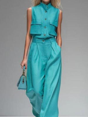 Women Sleeveless Stand Collar Button Up Vest And High Waist Wide Leg Pants Set Solid Color Casual Office Wear