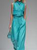Women Sleeveless Stand Collar Button Up Vest And High Waist Wide Leg Pants Set Solid Color Casual Office Wear